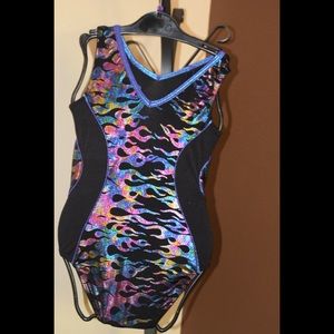 GK leotard with black multi color flame design